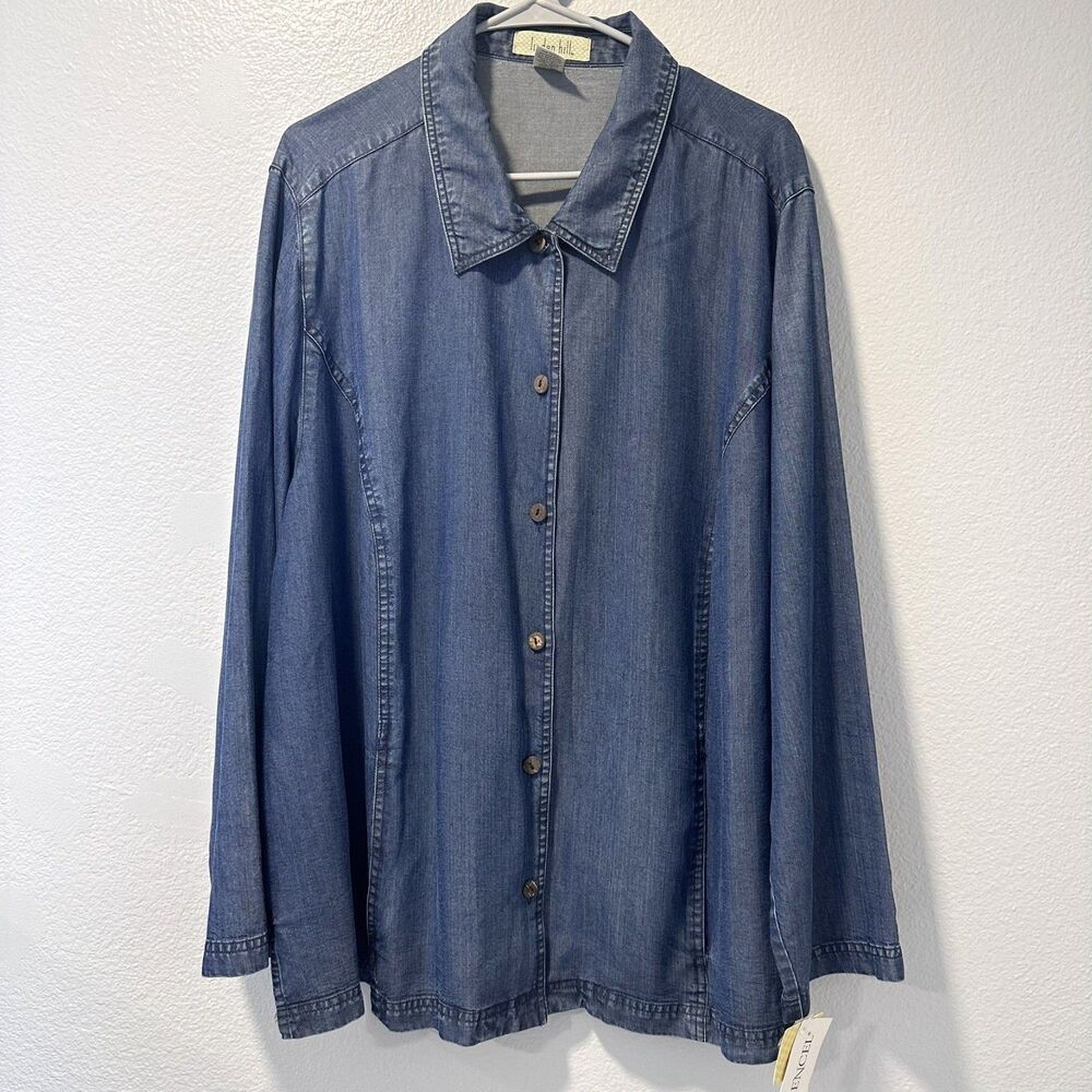 Vintage Linden Hill Womens Plus 2X Shirt Blue Chambray‎ Top Tencel  Denim